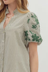 Elegant In Emerald Stripes + Floral Print Blouse
