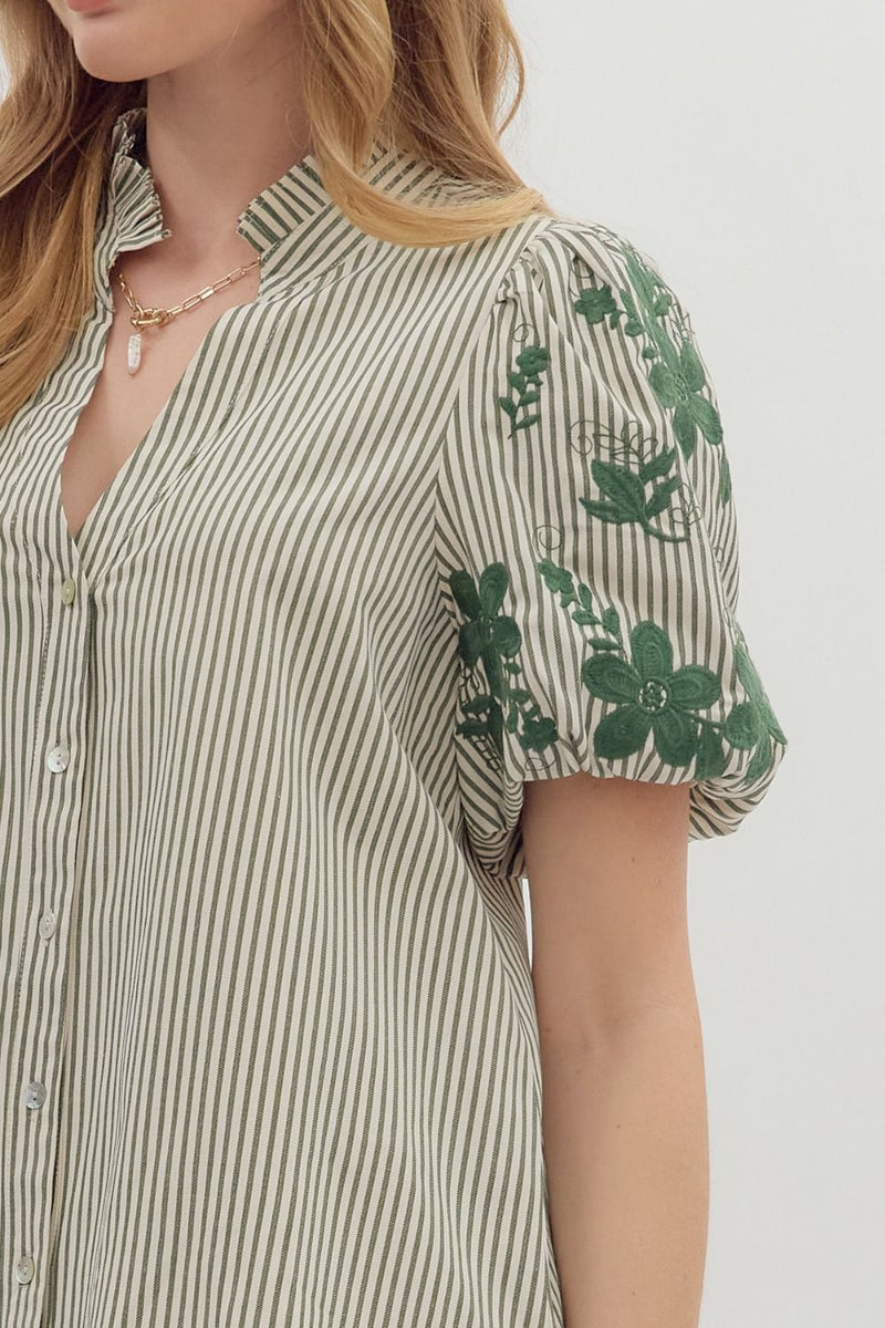 Elegant In Emerald Stripes + Floral Print Blouse