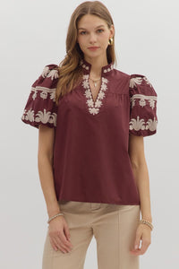 Regal Bloom Embroidered Puff Sleeve Blouse - Burgundy