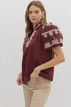 Regal Bloom Embroidered Puff Sleeve Blouse - Burgundy