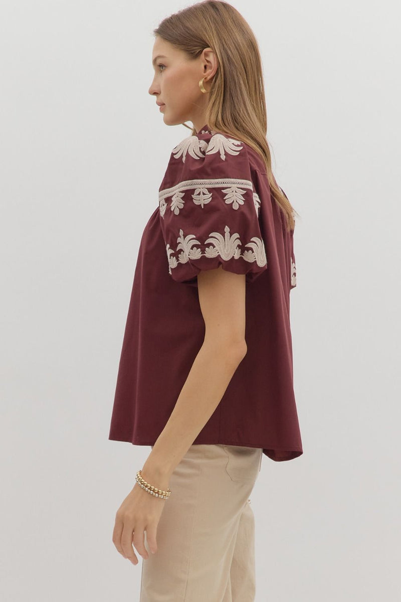 Regal Bloom Embroidered Puff Sleeve Blouse - Burgundy