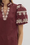 Regal Bloom Embroidered Puff Sleeve Blouse - Burgundy