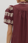Regal Bloom Embroidered Puff Sleeve Blouse - Burgundy