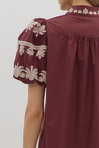 Regal Bloom Embroidered Puff Sleeve Blouse - Burgundy