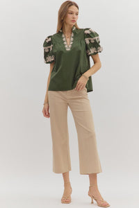 Regal Bloom Embroidered Puff Sleeve Blouse - Hunter Green
