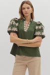 Regal Bloom Embroidered Puff Sleeve Blouse - Hunter Green