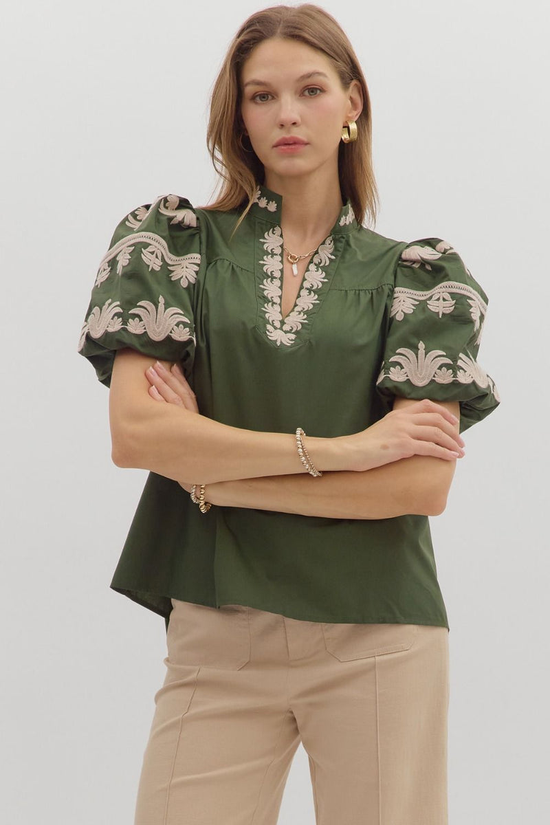 Regal Bloom Embroidered Puff Sleeve Blouse - Hunter Green