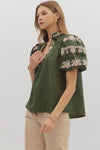 Regal Bloom Embroidered Puff Sleeve Blouse - Hunter Green