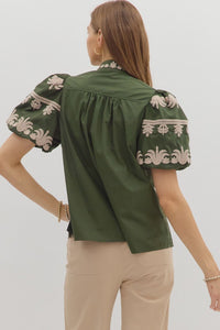 Regal Bloom Embroidered Puff Sleeve Blouse - Hunter Green