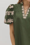 Regal Bloom Embroidered Puff Sleeve Blouse - Hunter Green