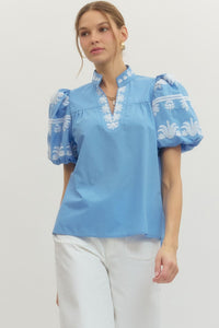 Regal Bloom Embroidered Puff Sleeve Blouse - Blue