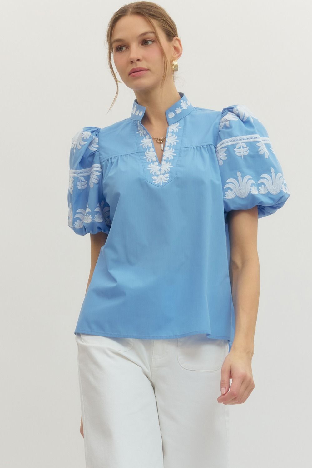 Regal Bloom Embroidered Puff Sleeve Blouse - Blue