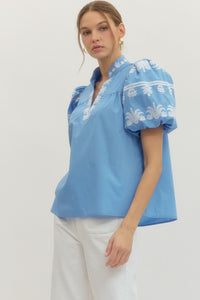 Regal Bloom Embroidered Puff Sleeve Blouse - Blue