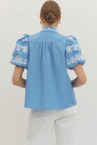 Regal Bloom Embroidered Puff Sleeve Blouse - Blue