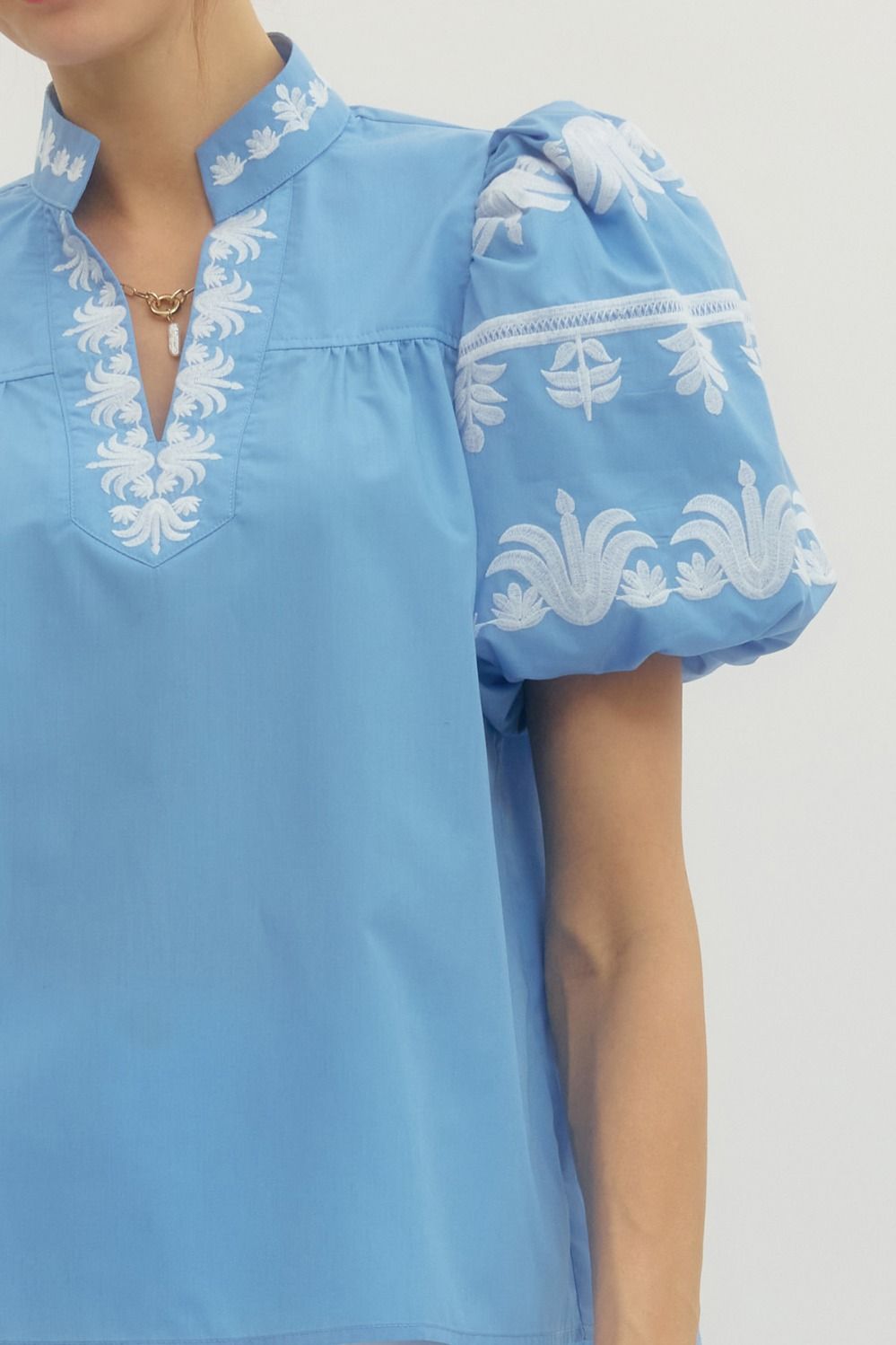 Regal Bloom Embroidered Puff Sleeve Blouse - Blue