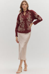 Petal Stitch Embroidered Long Sleeve Blouse - Burgundy