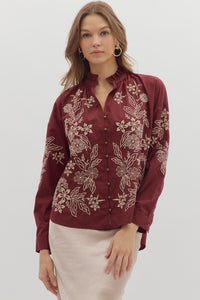 Petal Stitch Embroidered Long Sleeve Blouse - Burgundy