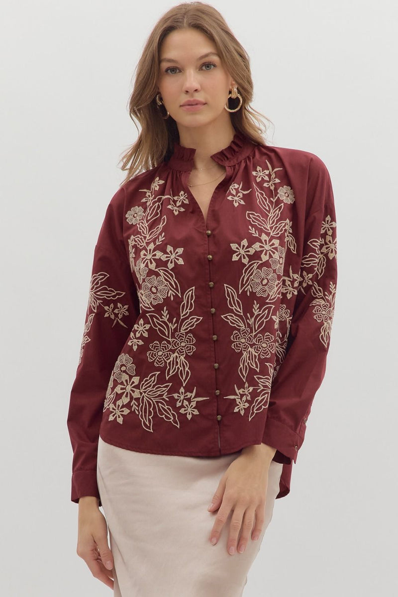 Petal Stitch Embroidered Long Sleeve Blouse - Burgundy