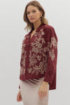Petal Stitch Embroidered Long Sleeve Blouse - Burgundy