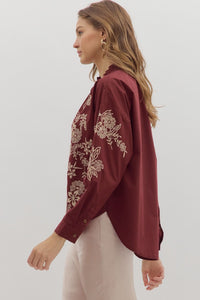 Petal Stitch Embroidered Long Sleeve Blouse - Burgundy