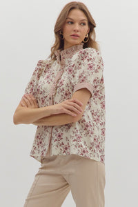 Pressed Petals Puff Sleeve Floral + Stripe Contrast Blouse - Rust