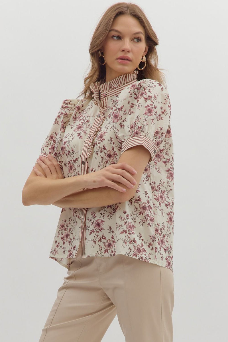 Pressed Petals Puff Sleeve Floral + Stripe Contrast Blouse - Rust