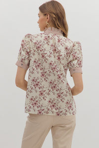 Pressed Petals Puff Sleeve Floral + Stripe Contrast Blouse - Rust