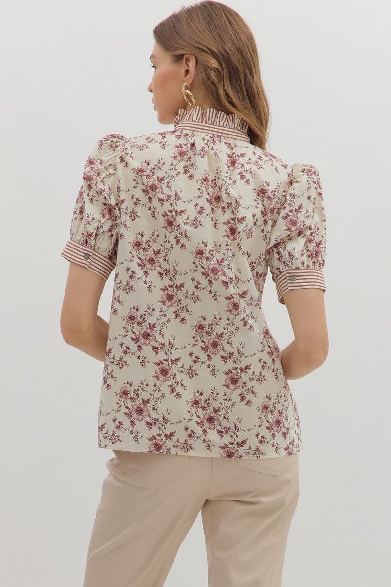 Pressed Petals Puff Sleeve Floral + Stripe Contrast Blouse - Rust