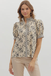 Pressed Petals Puff Sleeve Floral + Stripe Contrast Blouse - Black