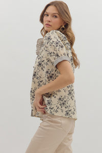 Pressed Petals Puff Sleeve Floral + Stripe Contrast Blouse - Black