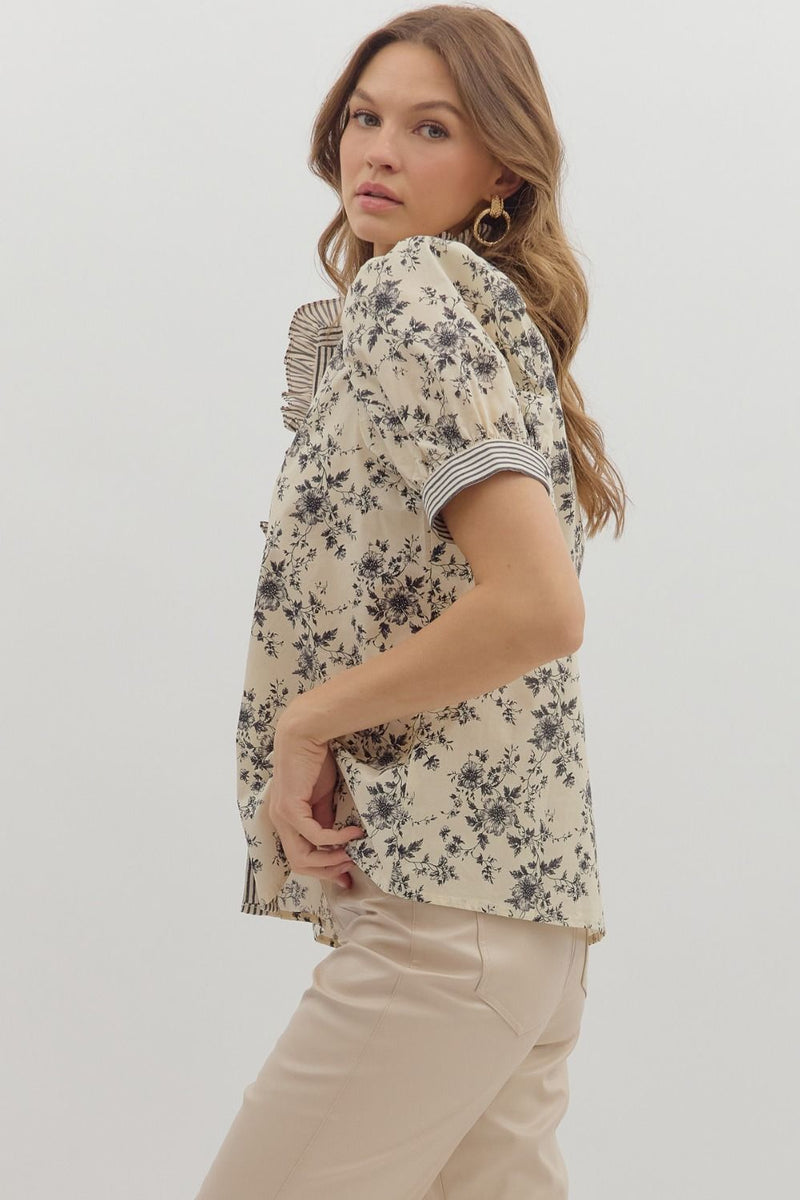 Pressed Petals Puff Sleeve Floral + Stripe Contrast Blouse - Black
