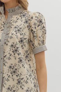 Pressed Petals Puff Sleeve Floral + Stripe Contrast Blouse - Black