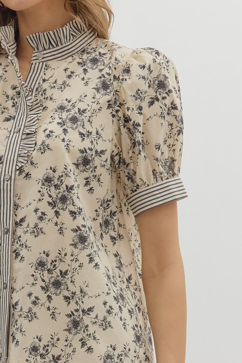 Pressed Petals Puff Sleeve Floral + Stripe Contrast Blouse - Black