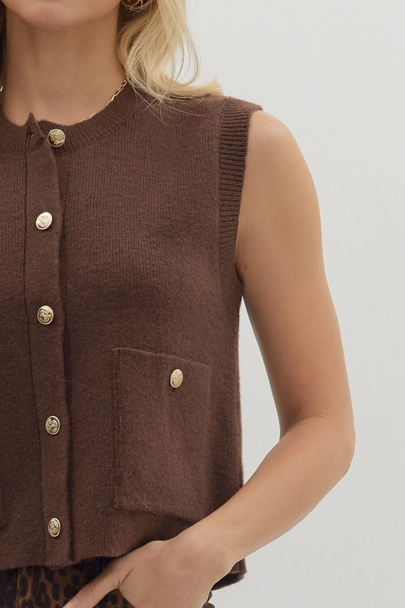 Elegant Espresso Gold Buttoned Knit Chocolate Vest
