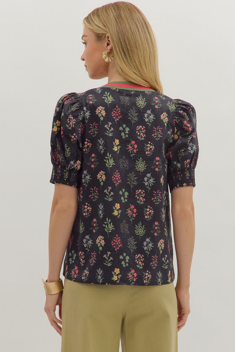 Fluent In Florals Printed Contrast Stripe Blouse