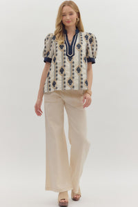Adorned In Abstract Embroidery Patterned Printed Blouse