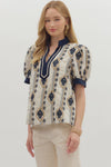 Adorned In Abstract Embroidery Patterned Printed Blouse