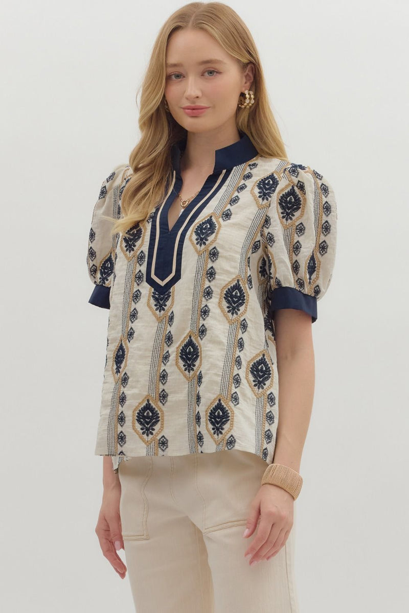 Adorned In Abstract Embroidery Patterned Printed Blouse
