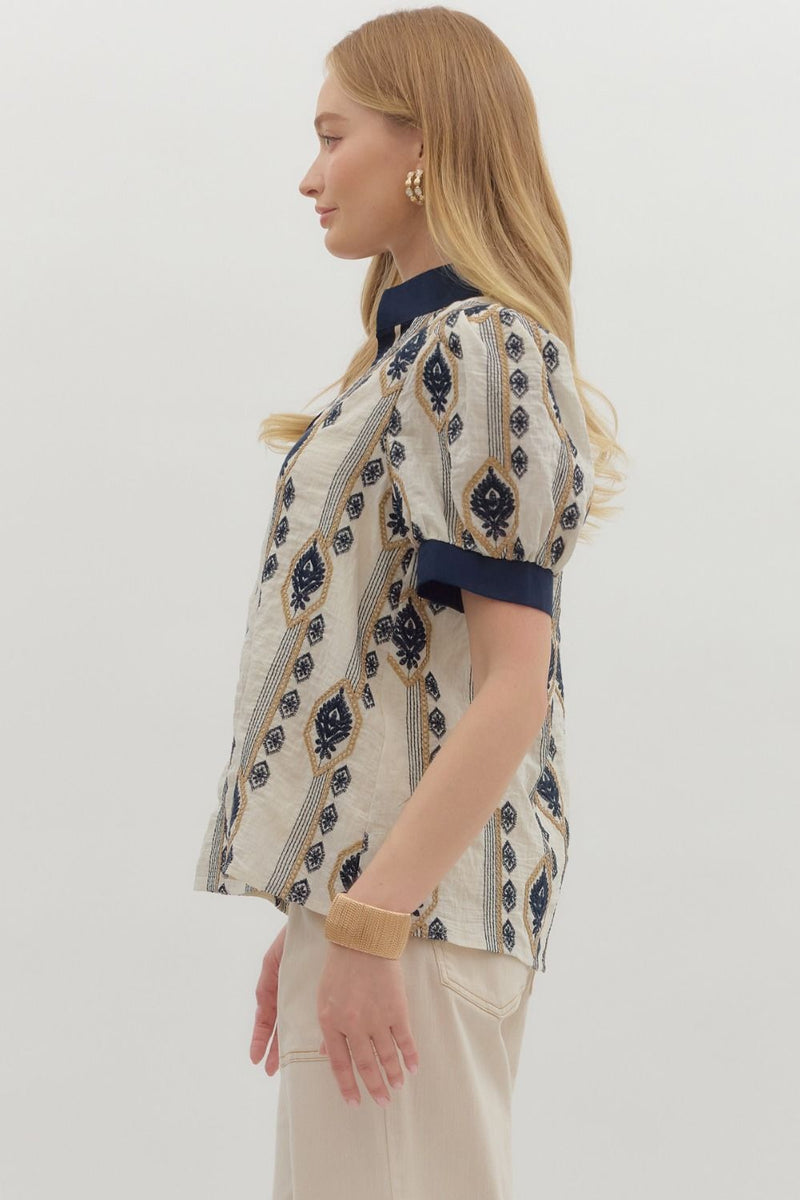 Adorned In Abstract Embroidery Patterned Printed Blouse
