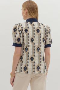 Adorned In Abstract Embroidery Patterned Printed Blouse