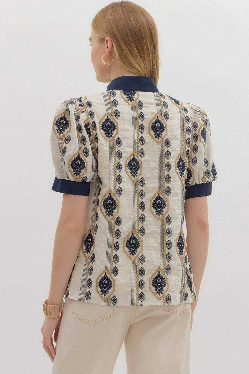 Adorned In Abstract Embroidery Patterned Printed Blouse