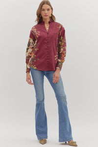 Merlot Manor Floral Print Gold Button Blouse