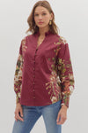 Merlot Manor Floral Print Gold Button Blouse