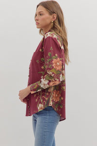 Merlot Manor Floral Print Gold Button Blouse