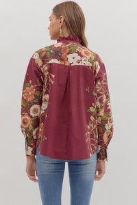 Merlot Manor Floral Print Gold Button Blouse