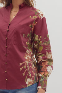 Merlot Manor Floral Print Gold Button Blouse