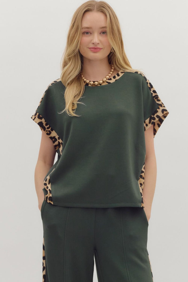 Wild Rouge Leopard Trim Detail Everyday Blouse - Forest