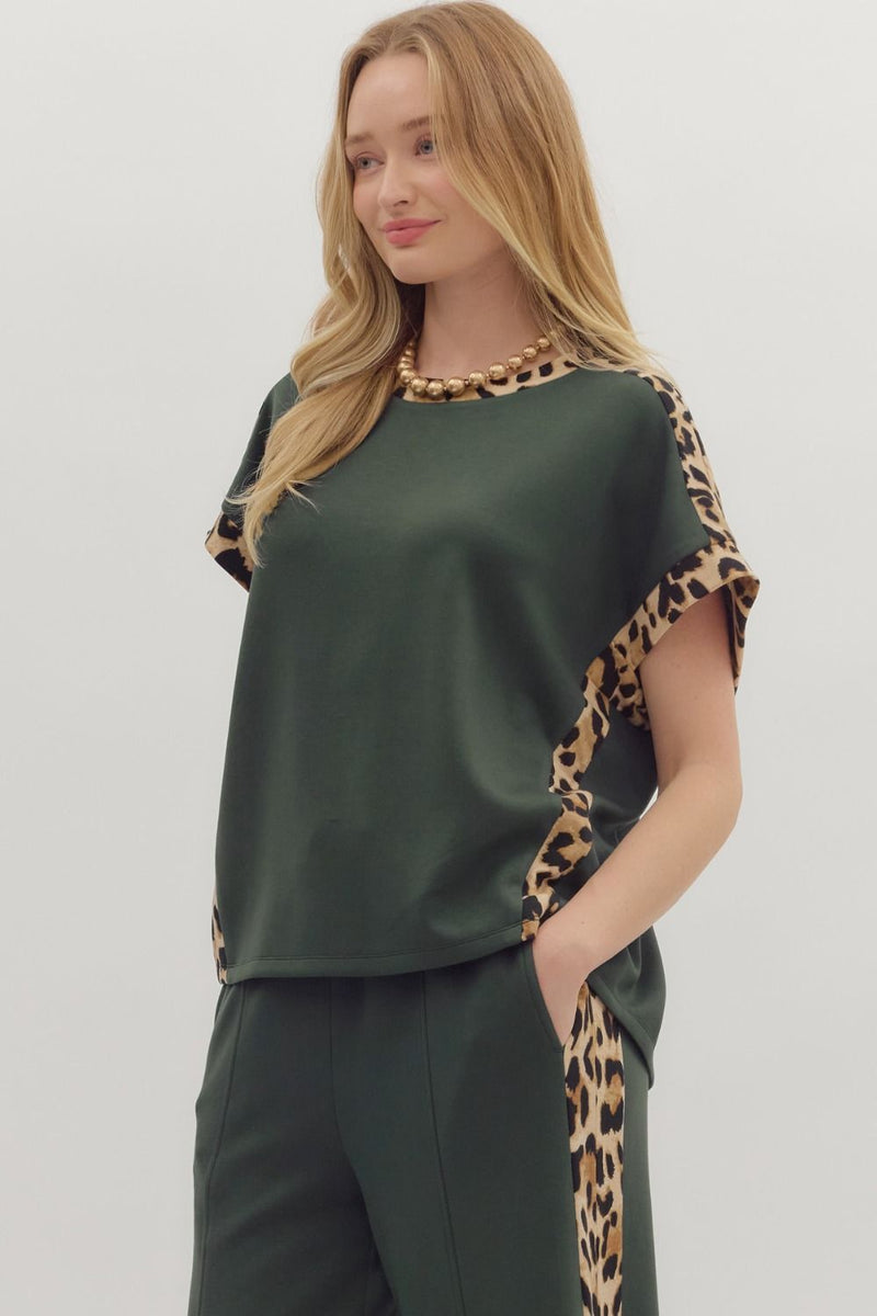 Wild Rouge Leopard Trim Detail Everyday Blouse - Forest