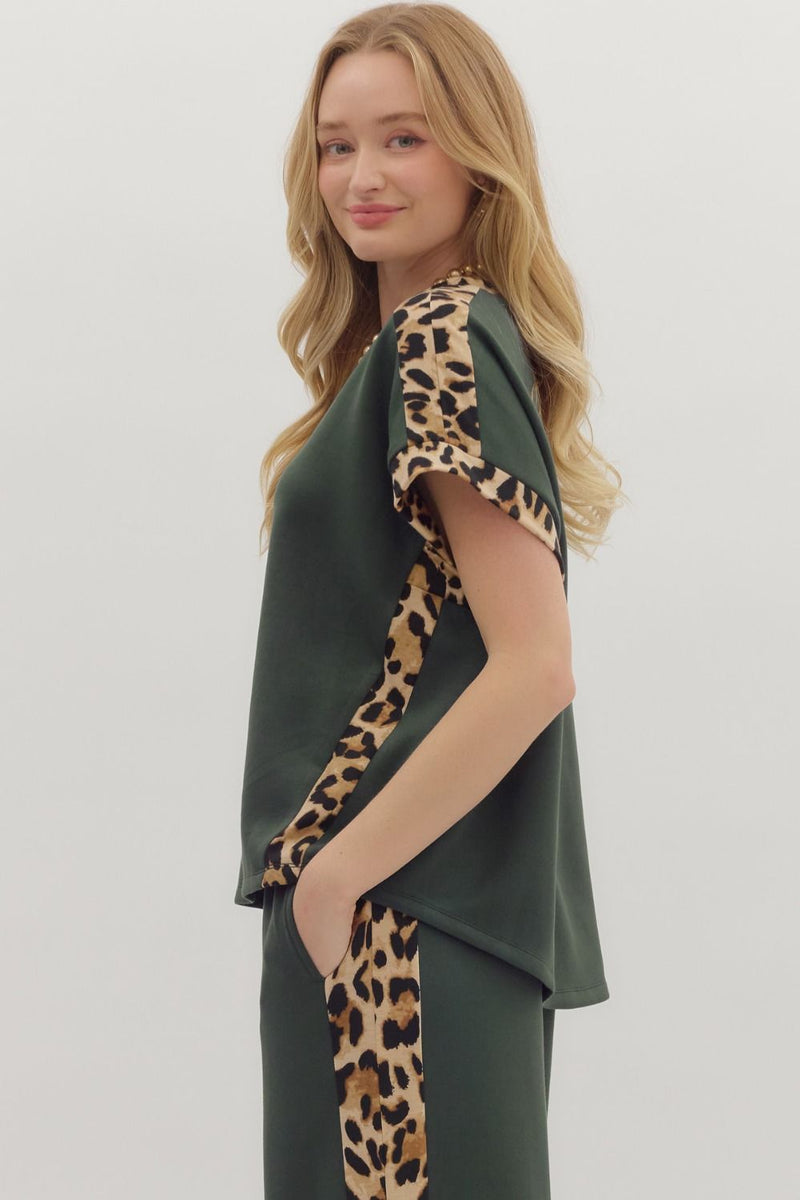 Wild Rouge Leopard Trim Detail Everyday Blouse - Forest