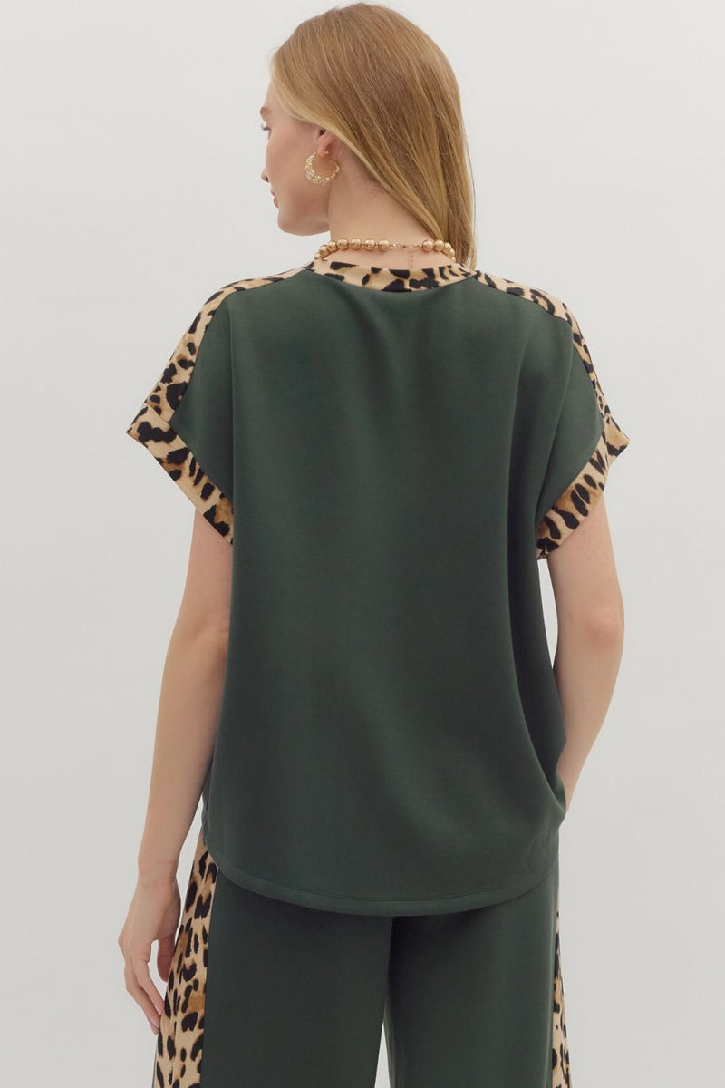 Wild Rouge Leopard Trim Detail Everyday Blouse - Forest